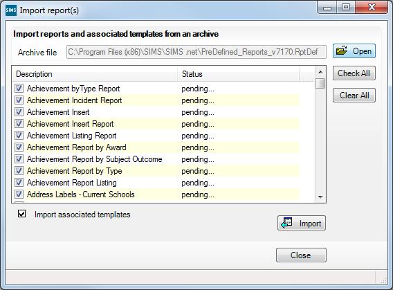 02 Importing Files and Definitions All pre-defined reports contained in the selected file are displayed in the dialog. However, you have the option to import selected reports only.
