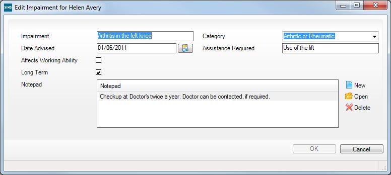 8. Ensure that any impairment has been recorded. Click the New button adjacent to the Impairments table to create a new record.