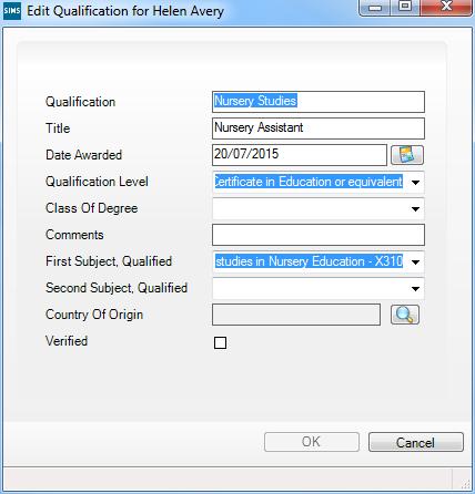 a. Click the New button, adjacent to the Qualifications field or highlight an existing qualification then click the Open button to display the Add (or Edit) Qualifications dialog. b. Edit the Qualification description, if incorrect.