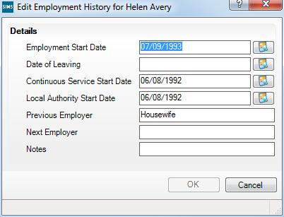 Click the New button or highlight an existing Employment Dates record then click the Open button to display the Add (or Edit) Employment History dialog. 5.