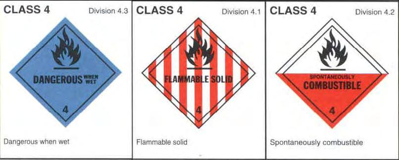 Class 4: Flammable solids Substances liable to spontaneous combustion; substances which, in contact with water, emit flammable gases Class 4.