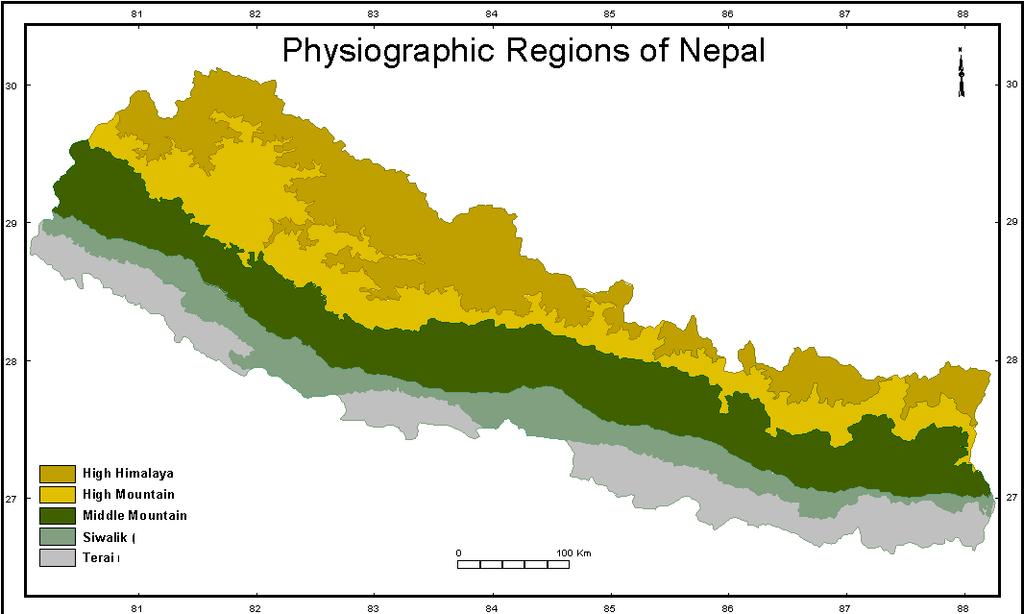 Physiographic Regions High Himalya 23% Terai 14% Siwalik 14% High Mountain 30% Middle Mountain 19% Terai