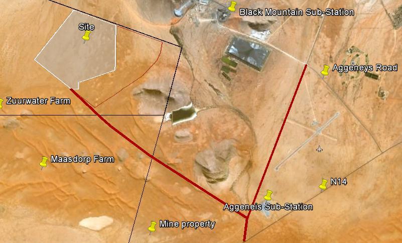 Figure 19: Proposed access from the N14 to the proposed site indicated in red Black Mountain Mine has confirmed in a meeting with the project engineers that in principle they do not have a problem