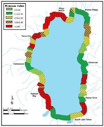 A Periphyton Biomass Index (PBI), defined as the fraction of the local bottom area covered by periphyton multiplied by the average length of the algal filaments, is assessed at each location.