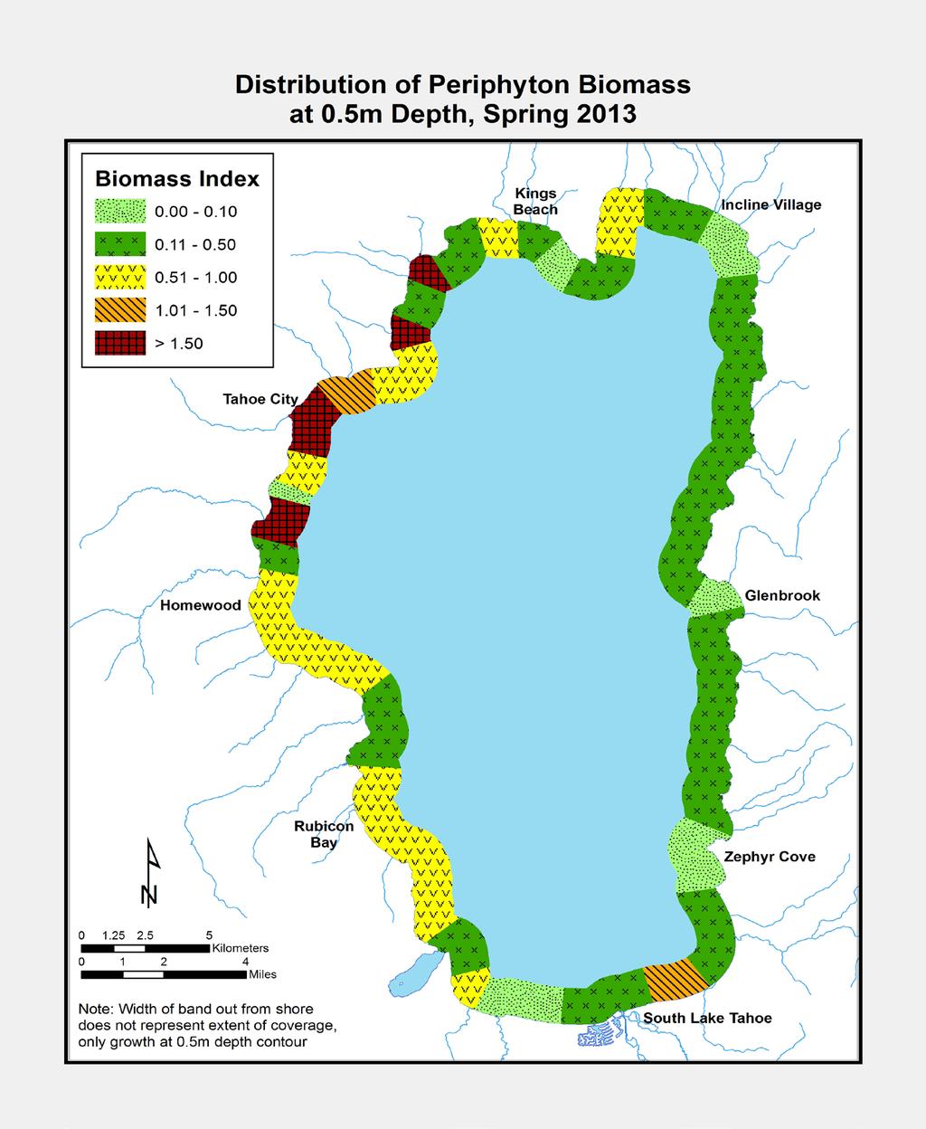 Shoreline algae distribution In 2013 Periphyton biomass was surveyed around the lake during the spring of 2013, when it was at its annual maximum.