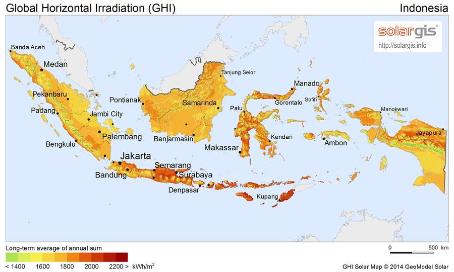 Insolation > 1800 kwh/m 2 / y in Kalimantan & Sulawesi