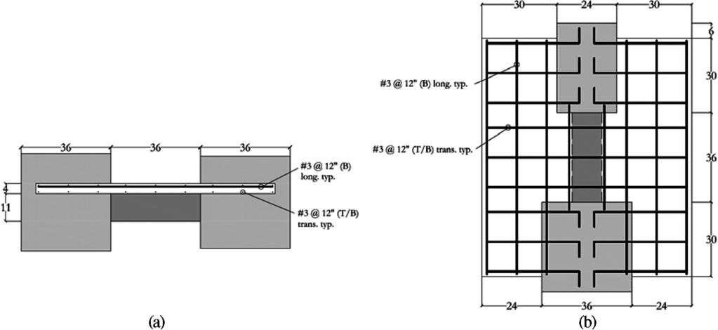 6 Slab geometry and reinforcement for CB24F-RC, CB24F-PT, and CB24F-1/2-PT: (a) elevation view; and (b) plan view. (Note: Dimensions are in inches; 1 in. = 25.4 mm.) measure displacements.
