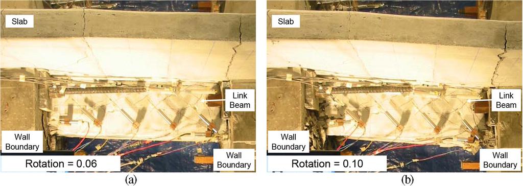 4 mm) diagonal cracks were noted at 6% rotation; buckling and fracture of diagonal reinforcement and crushing of the core concrete were noted for rotations between 8 and 10%.