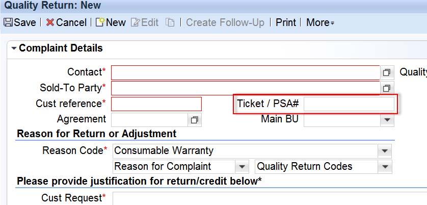 In the Ticket / PSA# field, enter the PSA/PN number. No ticket # from Technical Support is required to return material affected by this notice.