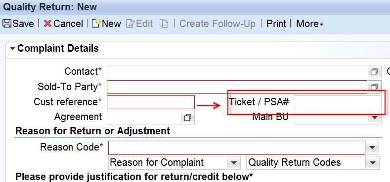 In the Ticket/PSA# field, enter the PSA/PN number. No ticket # from Technical Support is required to return material affected by this notice.