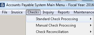 2.00 CHECKS This menu is used for all check processing done in the Accounts Payable System. This includes check printing and reconciliation.