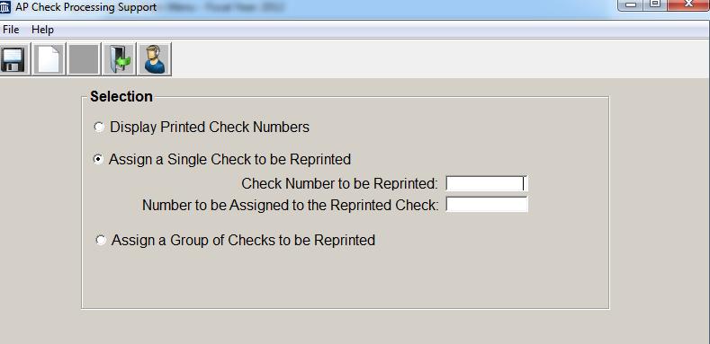 3. Do you want to void the spoiled check (Y/N?) if you want the system to automatically Void Spoil the check number entered into the Enter the check to be reprinted field, then select (Y)es.