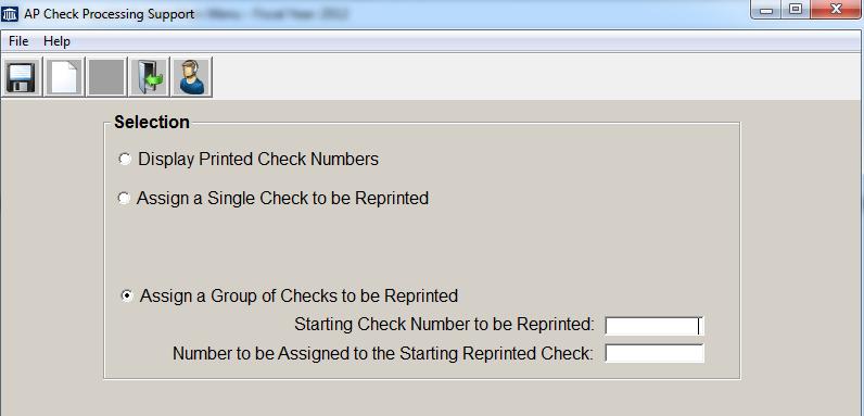 Once you enter in the appropriate detail and select (Y)es to continue, then press RTN to exit out of Check Processing Support and return to the Accounts Payable System Main Menu.