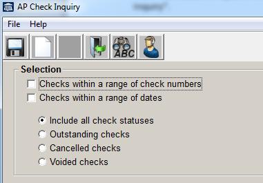 There are two (2) different methods in which to make check inquiries: Checks within a range of check numbers This method allows you to view all checks in the system within a range
