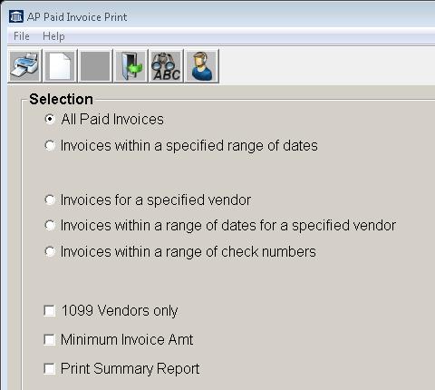 4.60 PAID INVOICE LISTING This option will print a listing of paid invoices in the system. The options listed below let you decide which open invoices to include in the report.