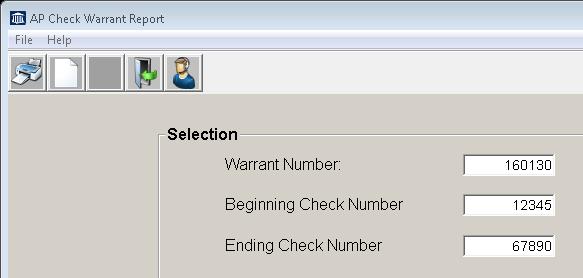 Warrant Number This number is issued as a reference number only. (Must be numeric) Beginning Check Number The report will include the check number entered and all checks after it.
