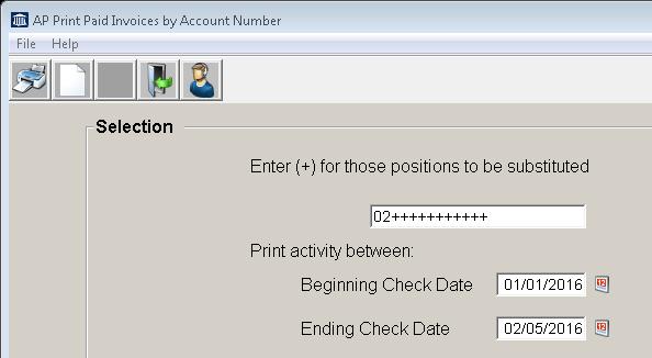 Enter (+) s for those positions to be substituted, press enter The + allow you to select a General Ledger account number or a grouping of General Ledger account numbers.