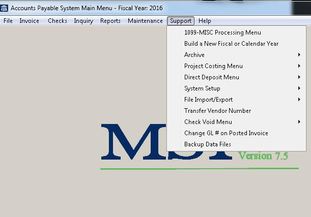 6.00 APPLICATION SUPPORT MENU This menu contains programs that are used less frequently than others but are important for proper functioning of the Accounts Payable System.