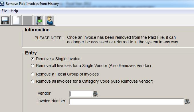 Remove a single invoice This option will remove one paid invoice from the history files. It will ask you to enter the vendor number and invoice number of the invoice to delete.