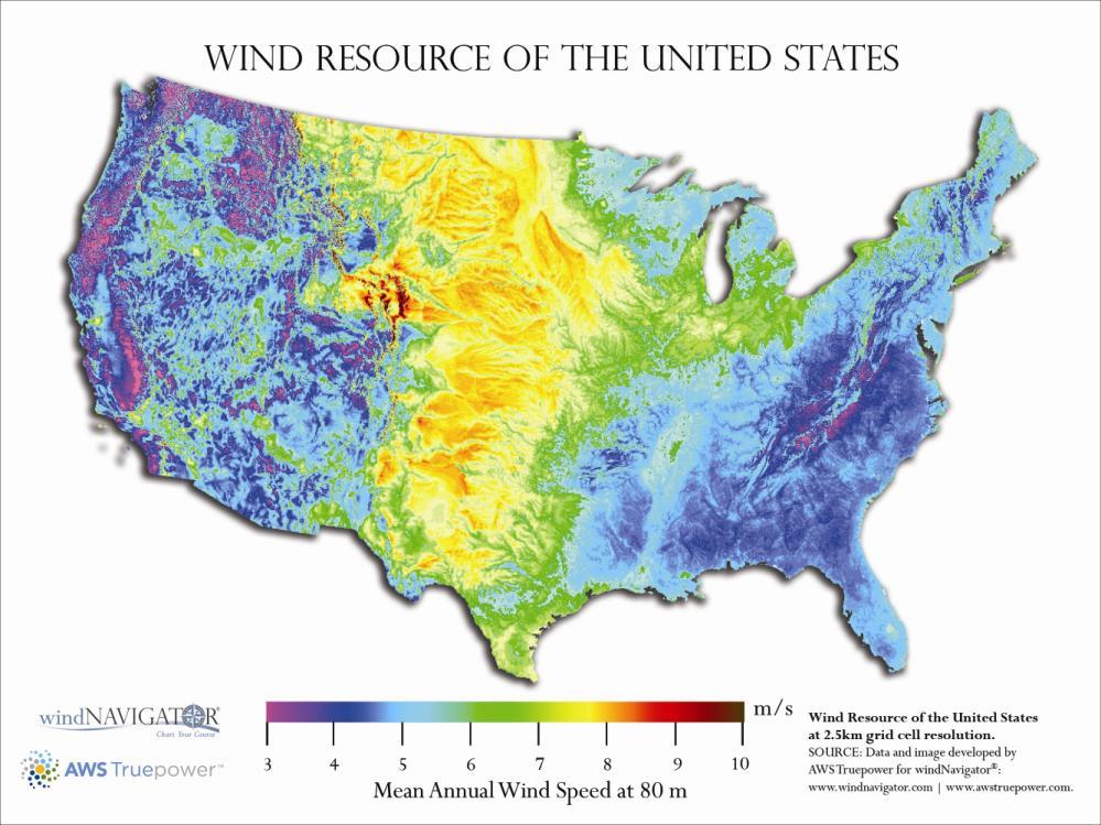 Figure 2 Wind resource map of the U.S. To continue, the United States government s recent increase in support for renewable energy has become an integral part in the development of this industry.