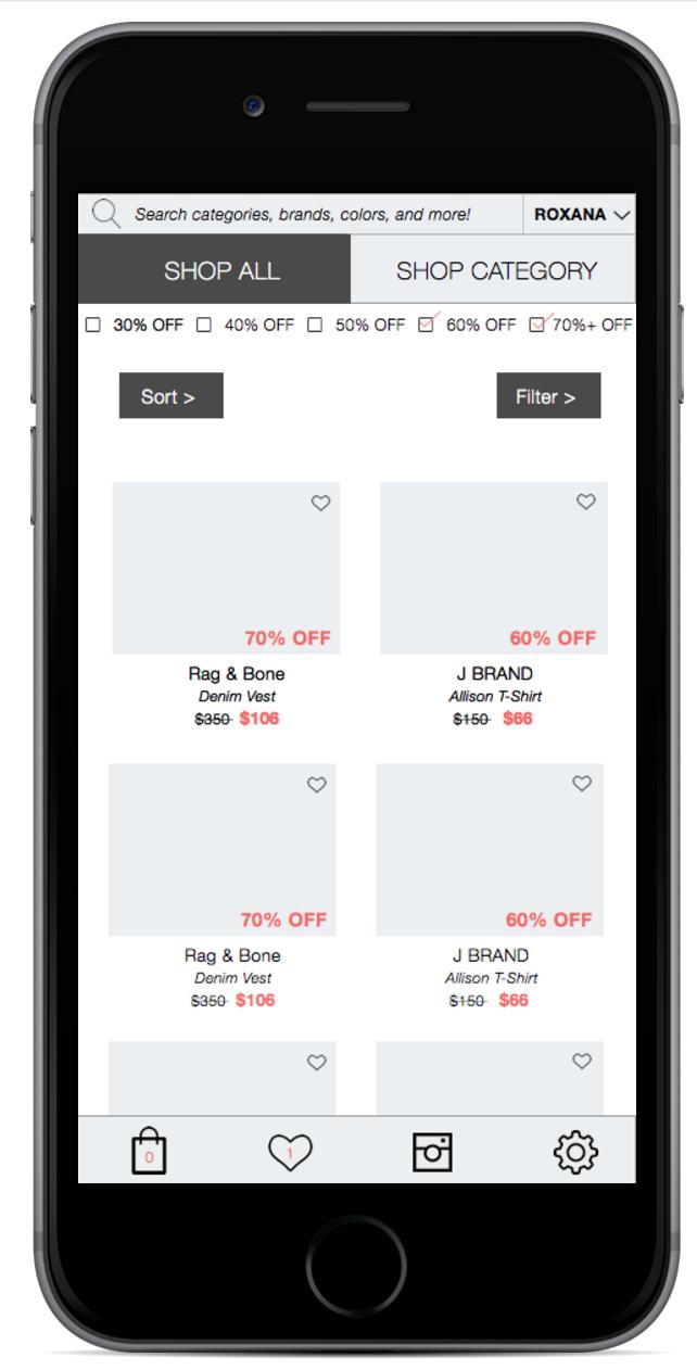 Screens Explained 7-7.1: Homepage: SHOP ALL 1 2 6 7 5 8 5. Ability to narrow down sale items by checking off what the percent off you want to see 6.