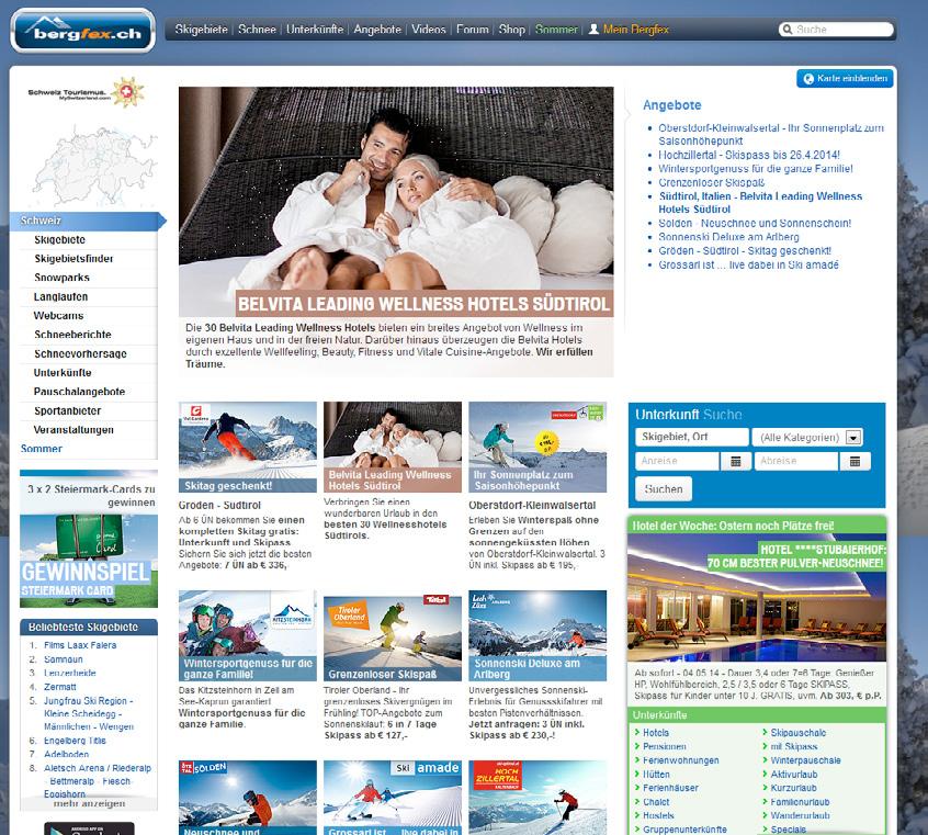 The tourism portal bergfex With its different country versions, Bergfex (.at,.it,.de,.