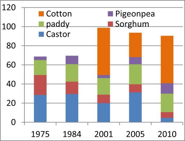 Castor and sorghum were the dominant crops in 1975, which needed relatively less labor.