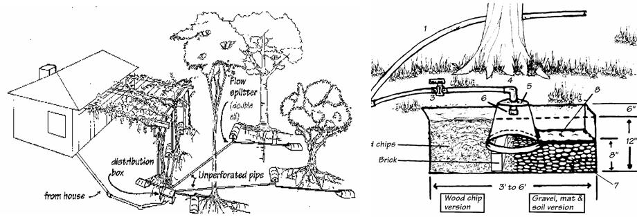 The next Figure (4) shows two examples of branched drains to mulch basins. Again, no tank is required. Graywater flows are split by using tees or double ells.