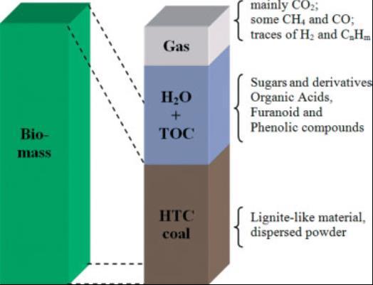 HTC products of biomass Solid HTC coal represents an agglomeration of different chemical substances several potential applications Liquid phase has a high load of inorganics and organics (as well as