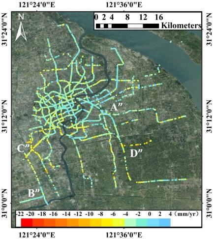 Sensors 2017, 16, 2770 (g) 10 of 25 (h) (i) Figure 5. The vertical subsidence velocity maps of three types of infrastructures in Shanghai from 2013 to 2016. (a) elevated roads from 2013.8 to 2014.