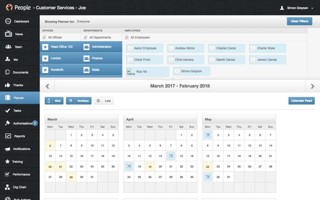 Planner You will also be able to see a planner. This will show Holidays, Sickness and Other Leave within your team.