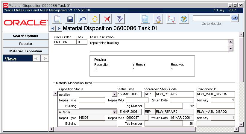 Inventory Material Disposition Views None Actions Save Search Create Bookmark Audit Log (Header) Status Changes for Pending Items Create Repair WO The Material Disposition module allows you to manage