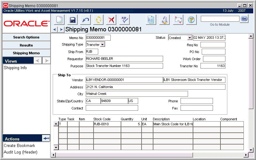 Inventory Shipping Memo Views Shipping Info Actions Save Search Create Bookmark Audit Log (Header) You can use the Shipping Memo module to track stock items being returned to vendors for credit or