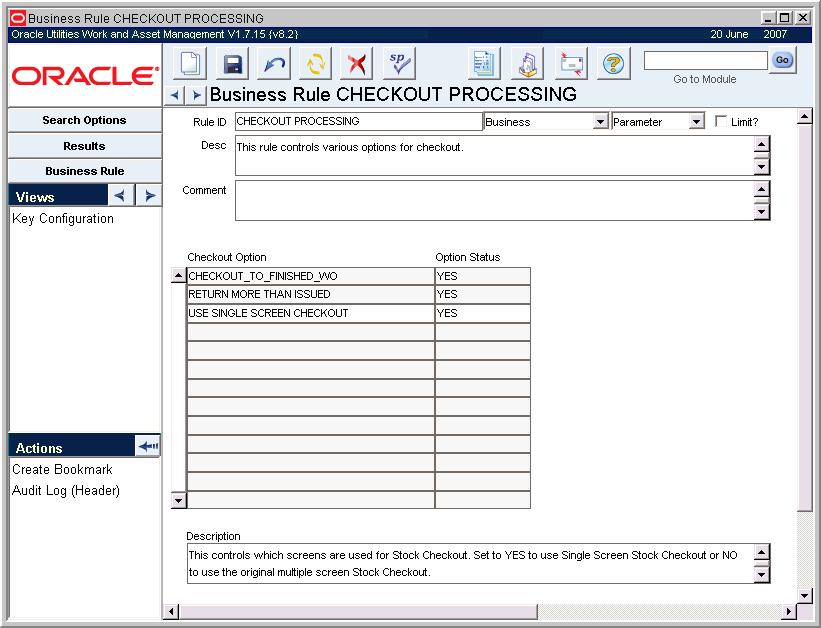 Inventory Stock Checkout Views None Actions Find Work Order Task Checkout All Print Issue Ticket Process issues and returns of stock items to and from your Storerooms in the Stock Checkout module.
