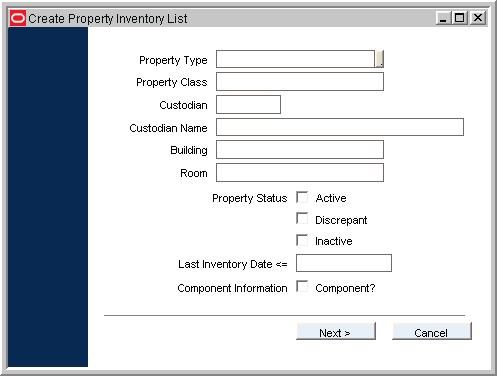 Inventory - Property Inventory For example, if you are conducting an inventory for a change of custodianship of items in an office, you could create the inventory to show all items belonging to the