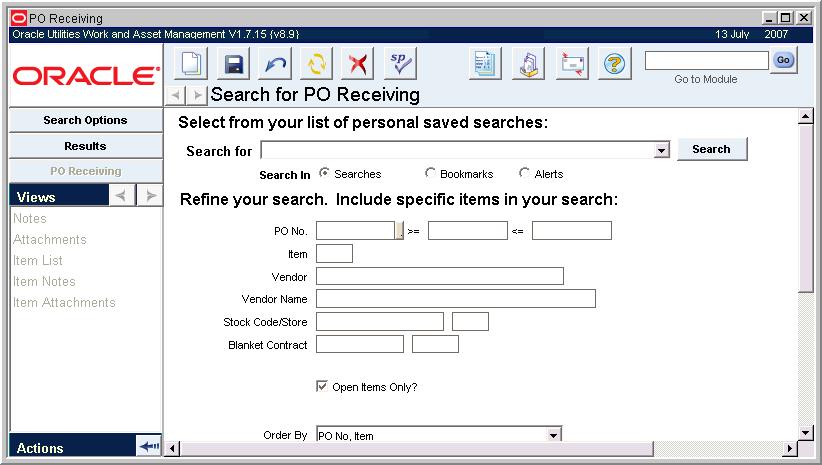 Inventory Receiving Views Notes Attachments Item Notes Item Attachments Item List Actions Save Search Create Bookmark Audit Log (Header) You can use the Receiving module to match items received from