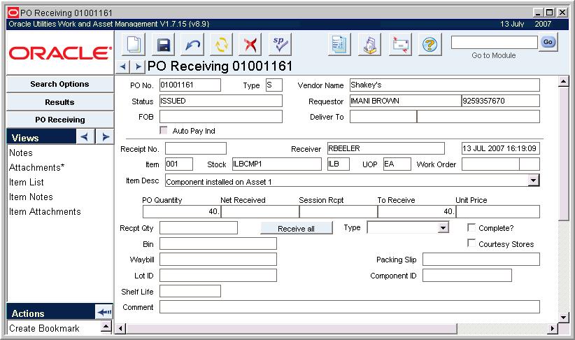 Inventory - Receiving PO Receiving record The upper section of the PO Receiving record displays information about the Purchase Order and cannot be modified.
