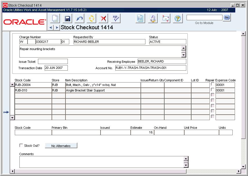 Inventory - Stock Checkout Stock Checkout Records While much of the information on the Stock Checkout record is the same whether standard or single screen processing is used, this chapter describes