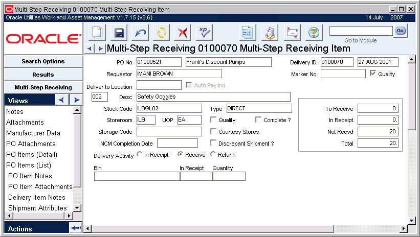 Inventory - Multi-Step Receiving Receive and In Receipt fields. Clicking on the Save button has no effect here. You must use the Count action to place the item In Receipt.
