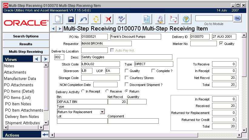 Inventory - Multi-Step Receiving PO Items (Detail) - Return view Bin This field indicates the bin that the received item will go to when it is accepted into inventory.
