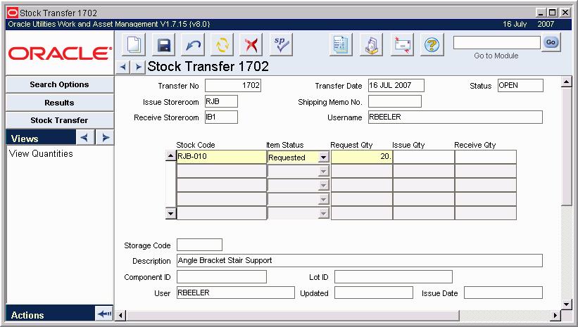 Inventory Stock Transfer Views View Quantities Actions Save Search Create Bookmark Audit Log (Header) Using the Stock Transfer module, you can generate and process requests to transfer stock from one