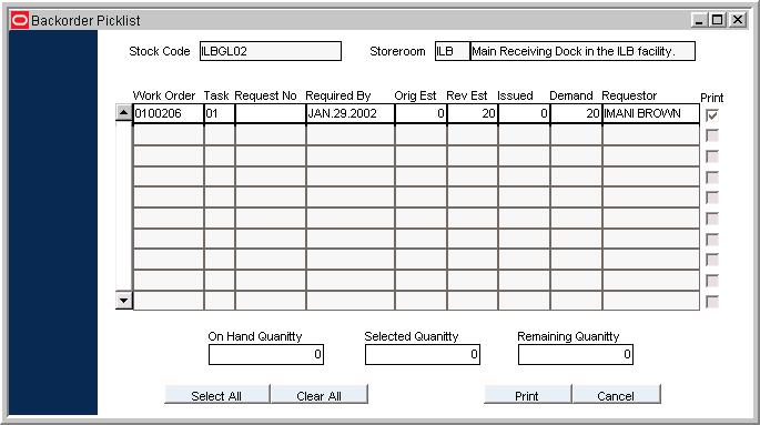 Inventory - Stock Transfer Backorder Processing screen You can use this information to determine how work will be affected by delay in receipt of parts.