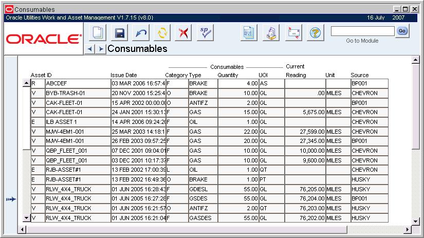 Inventory Consumables Views None Actions Save Search Create Bookmark Audit Log (Header) Prices Enter and maintain Asset-related consumption information such as quantity of fuel issued and date in the