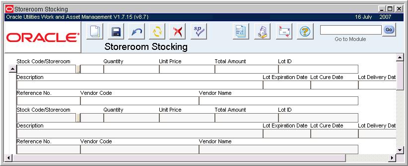 Inventory Storeroom Stocking Views None Actions None The Stocking module allows you to place items in the Storeroom without requiring that you perform a receipt or Stores Issue / Return.
