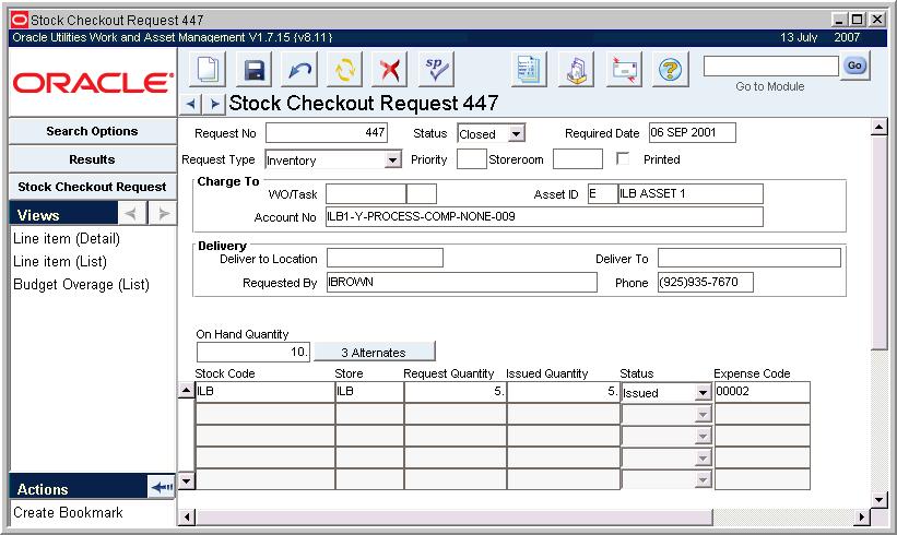 Inventory Checkout Request Views Line Item (List) Line Item (Detail) Budget Overage Actions Save Search Create Bookmark Audit Log (Header) Print Checkout Request Add All Items from Work Order Select
