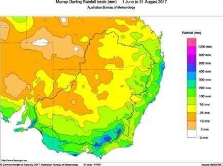 Figure 7: Last 3 months rainfall in the Murray Darling Basin This has result in low flow occurring along the Barwon Darling during winter with flows along the system consistently below 1,000ML/day.