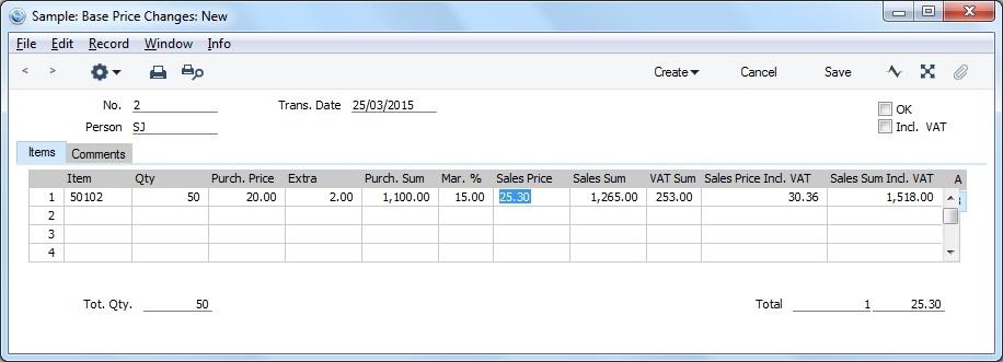In this case we enter item code, its qty purchased and VAT code on flip A of the document, as in example below.