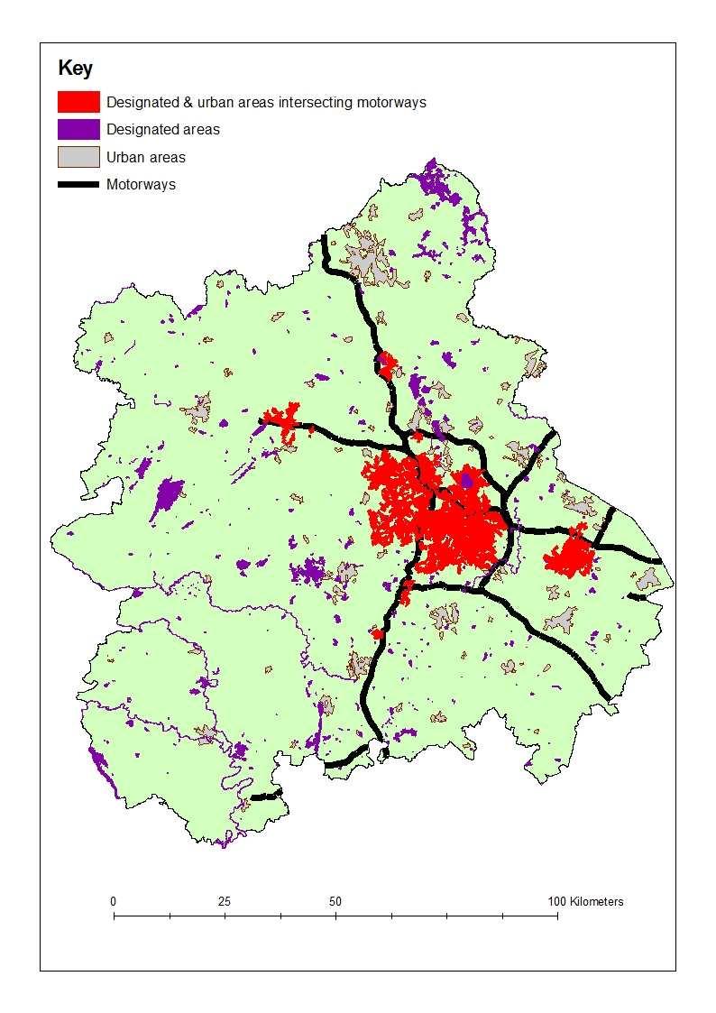 Figure 3-23: Map showing motorways in the West Midlands, plus designated and urban areas Source: Produced by SQW, 2010.