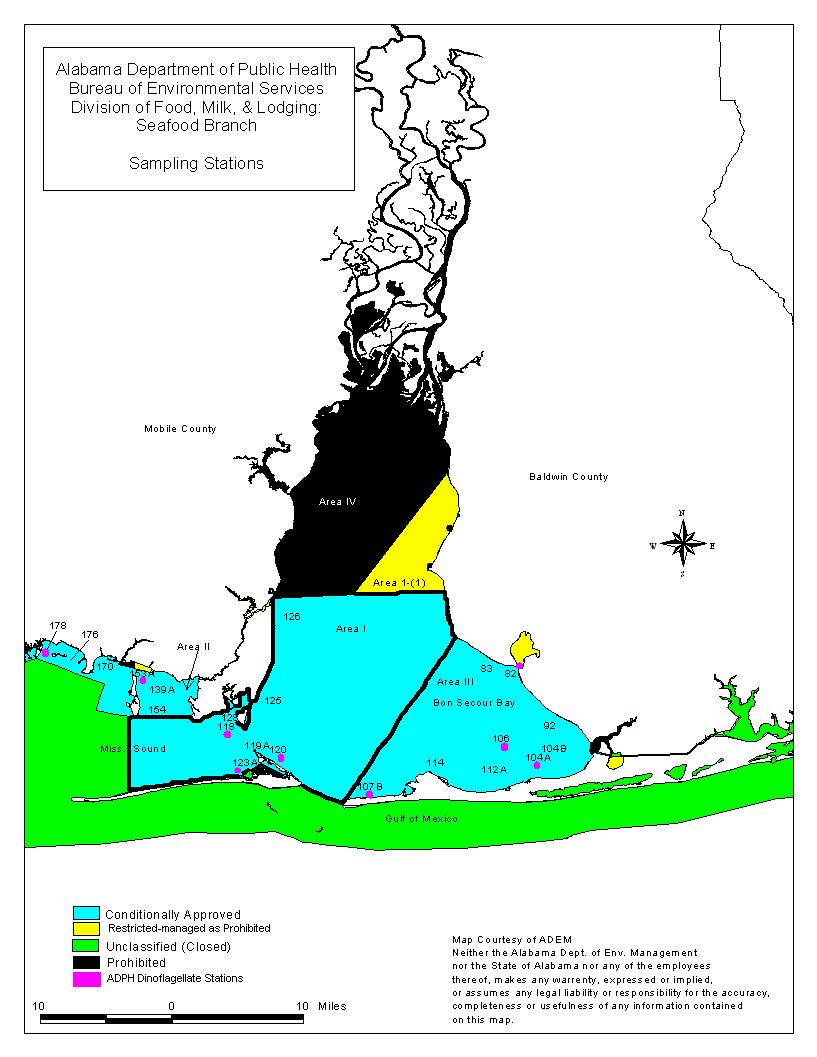 CHAPTER II.A. DESCRIPTION OF GROWING AREAS There are four designated Alabama shellfish growing areas in Mobile Bay; Area I which includes Area I-1