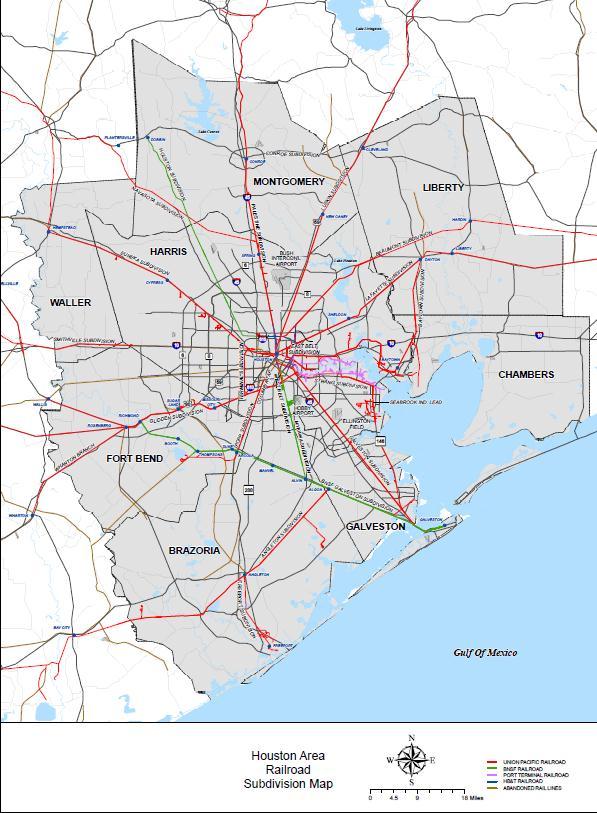 Gulf Coast Rail District Year Created: 2007 (under Transportation Code Section 171) Counties (5): Fort Bend, Galveston, Harris, Montgomery, Waller, also includes City of Houston and Port of Houston